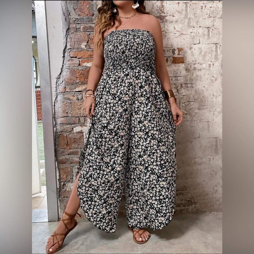 Tube top floral print jumpsuit/romper